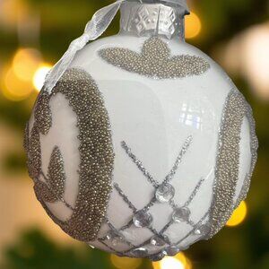 Set of 4 Tinsel & Fir Glass Christmas Ornaments Kugel Style White w/ Gold Silver